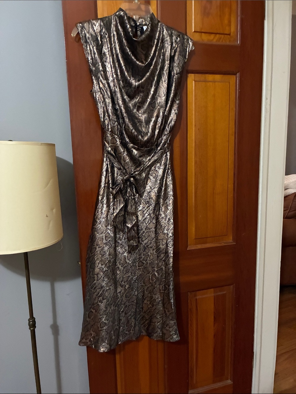 glam Metallic Snake-Print Cowl Neck Midi Dress - Silver/Brown